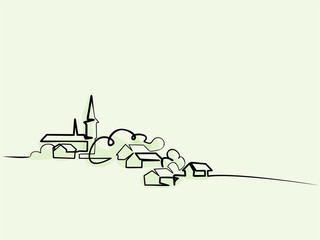 Obraz premium Continuous line drawing. Landscape with village on hill. Vector color illustration. Concept for logo, card, banner, poster, flyer