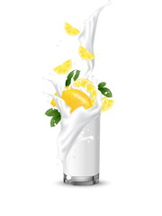 Lemon yellow multi fruit cocktail. Splash swirl in the realistic glass.Slices falling into the glass cup isolated on white.