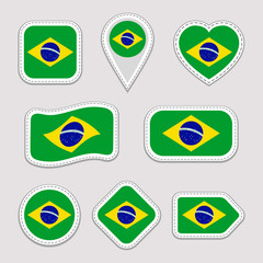 Brazil flag vector set. Brazilian national flags stickers collection. Vector isolated geometric icons. Web, sports pages, patriotic, travel, school, geographic design elements. Different shapes