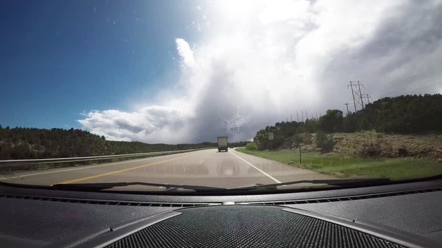 POV scenic landscape drive on a cloudy day