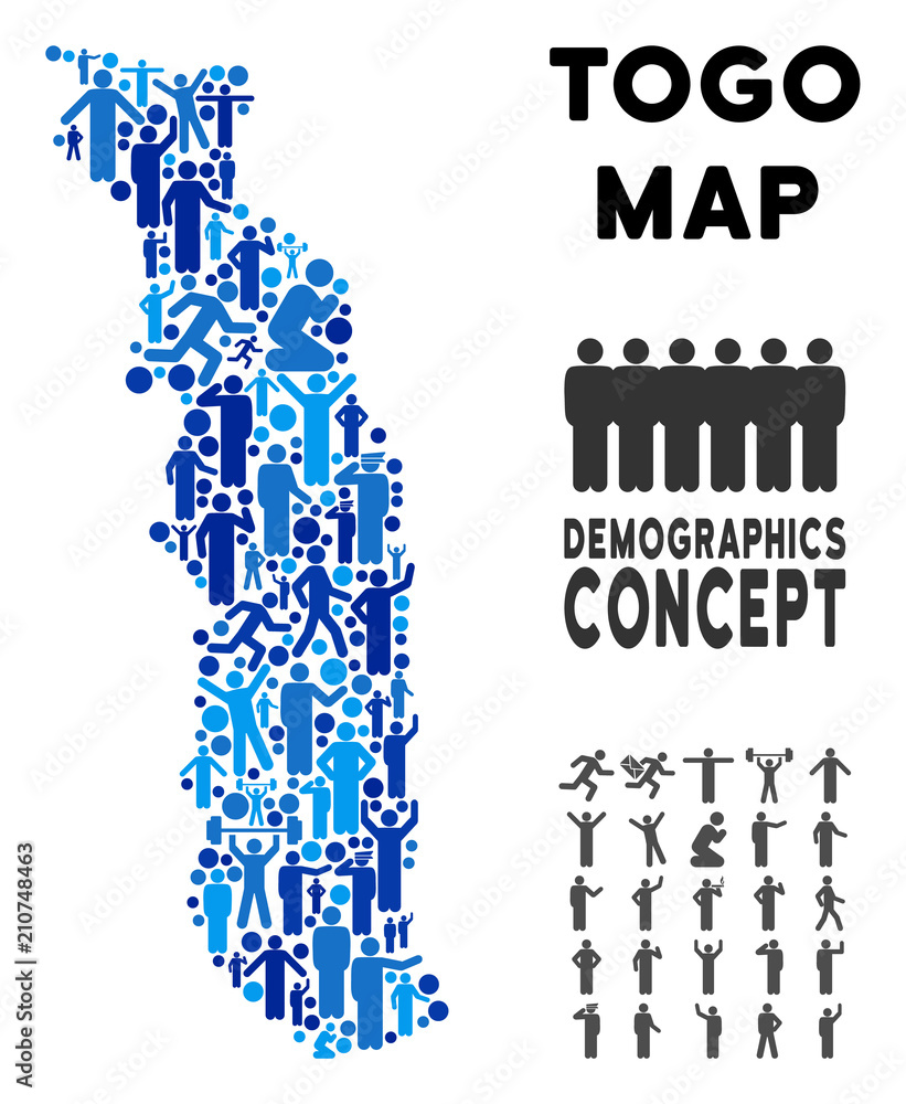Poster vector population togo map. demography composition of togo map created of crowd with variable poses.