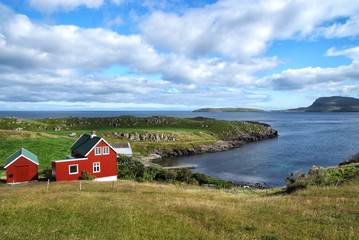 Houses on sea coast on cloudy sky in Torshavn, Denmark. Wooden houses on seascape. Beautiful landscape view. Summer vacation in country. Architecture and design. Ecology and environment
