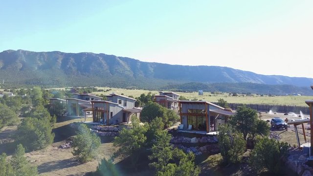 Aerial shot, houses and mountain view in Echo Canyon, Nevada