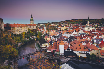 Historic town of Cesky Krumlov at sunset in fall, Bohemia, Czech Republic