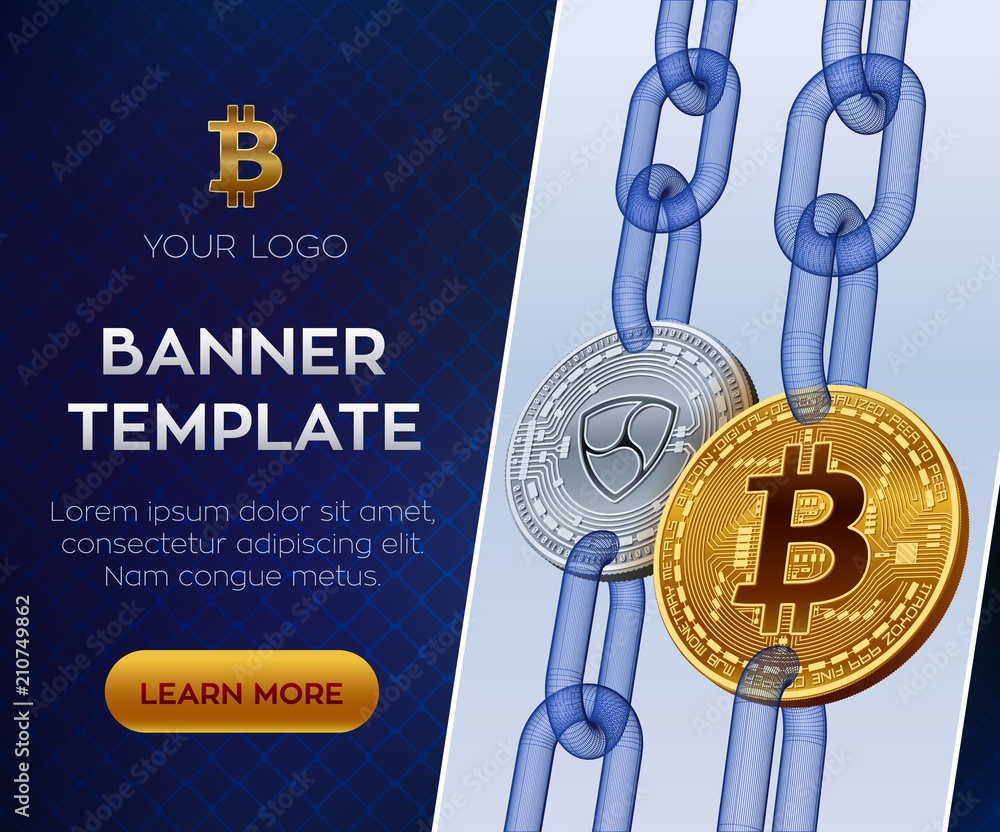 Poster crypto currency editable banner template. bitcoin. nem. 3d isometric physical bit coins. golden bitc