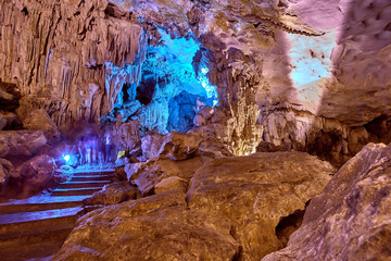 Colorful Stalactite Thien Cung cave, World Heritage site in Halong Bay,Hang Sung Sot Grotto (Cave of Surprises), Vietnam © DannyIacob