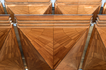 Detail of the underside of intricate wooden eaves in Auckland New Zealand.
