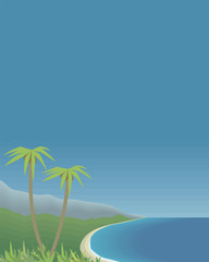 Fototapeta na wymiar tropical bay with palm trees and mountains azure sea sky vertical postcard vector illustration