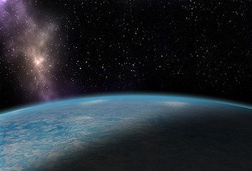 Blue planet in outer space with stars and nebulas.