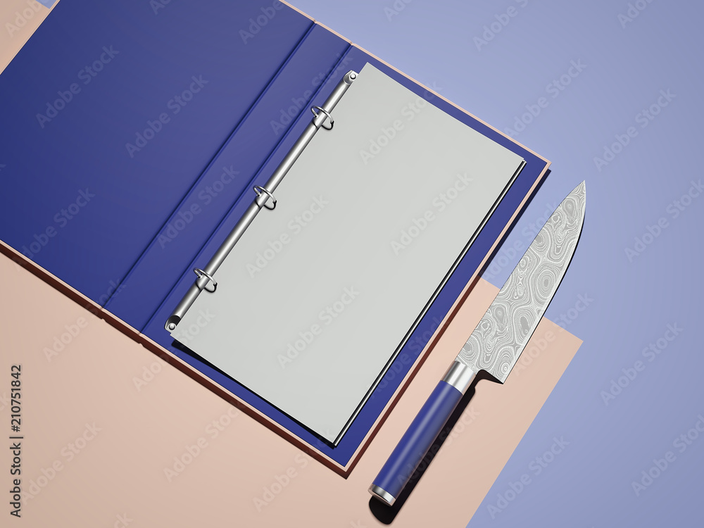 Poster opened violet menu and white paper sheet next to knife, 3d rendering