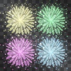 Golden glitter fireworks light effect set, shining bright decorative design elements for posters, banners, invitations. Glowing round shape neon backgrounds, sparkling confetti energy explosion. © Manon Labe