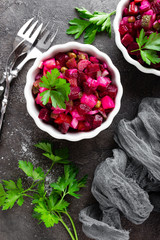 Beet salad. Vegetable salad with boiled beet. Beetroot salad