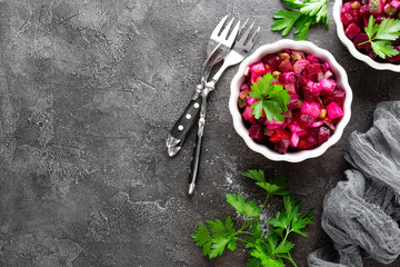 Beet salad. Vegetable salad with boiled beet. Beetroot salad
