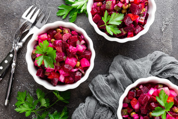 Beet salad. Vegetable salad with boiled beet. Beetroot salad