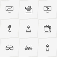 Photo And Video line icon set with projector, juice cup and cinema trophy