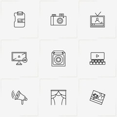 Photo And Video line icon set with loudspeaker, memory card  and television