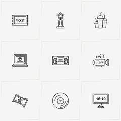 Photo And Video line icon set with juice cup, cinema trophy  and video cassette