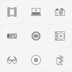 Photo And Video line icon set with cinema hall , loudspeaker and photo camera