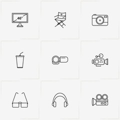 Photo And Video line icon set with video camera with display, video camera and spectacle