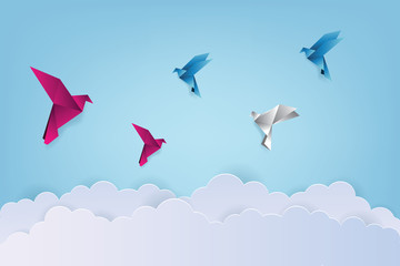 Origami made colorful bird with origami clouds. Paper art and craft style. Bird origami vector illustration.
