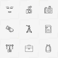 Phototechnique line icon set with backpack, loudspeaker and make up