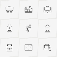 Phototechnique line icon set with photo camera, backpack and case