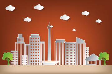 Vector illustration landscape city building with cloud on dusk sky. Paper art and craft style.