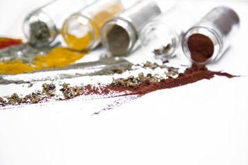 Various colorful spices on the table