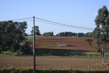 Poste de distribuição elétrica em paisagem rural