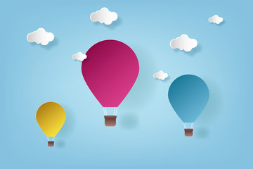 Vector Illustration Origami Colorful Hot Air Balloon and Cloud. paper art and craft style. Hot air balloon wallpaper.