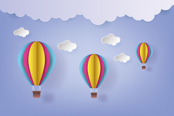 Vector Illustration Origami Colorful Hot Air Balloon and Cloud. paper art and craft style. Hot air balloon wallpaper.