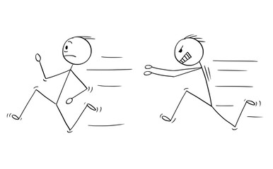 Cartoon stick drawing conceptual illustration of angry violent man chasing another man.