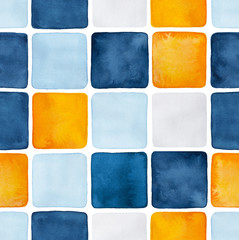 Seamless pattern of dark, light blue and orange colored watercolour squares. Handdrawn water colour graphic gradient paint on white backdrop. For design, wallpaper, web sites, banners, decoration.