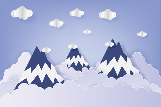 Illustration of nature landscape with cloud and mountain. Paper art style. Landscape vector illustration.