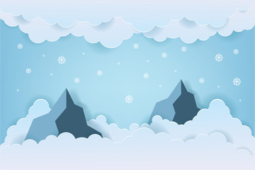 Illustration of nature landscape with cloud and mountain in winter season. Paper art style. Landscape vector illustration. Mountain background illustration.