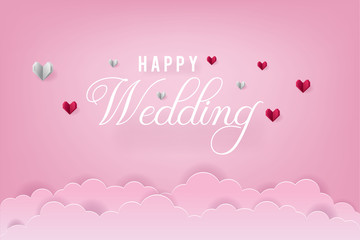 Fototapeta na wymiar Wedding invitation, wedding card. Wedding invitation template with cloud and heart shape origami. Paper art and craft style.