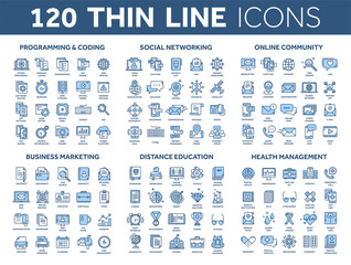 Programming,coding. Data management. Social network, computing. Information. Internet connection. Business marketing. School and education. Medicine. Thin line blue icons set. Stroke.