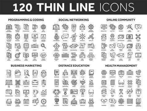 Programming,coding. Data management. Social network, computing. Information. Internet connection. Business marketing. School and education. Medicine. Thin line black icons set. Stroke.