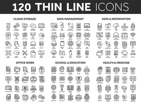 Cloud storage. Data management. Computing. Information. Internet connection. Office work. School and education. Medicine. Thin line black icons set. Stroke.
