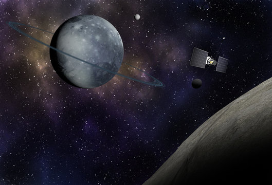 Interstellar spaceship flying to vibrant outer space with stars, nebula and planets.