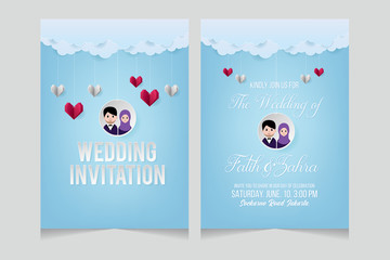 Wedding invitation, wedding card. Wedding invitation template with muslim avatar cartoon, cloud and heart shape origami. Paper art and craft style.