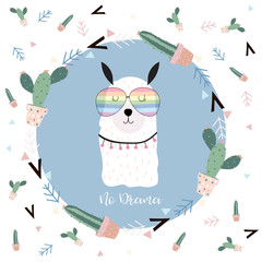 Blue hand drawn cute card with llama,glasses,cactus in summer.No drama © piixypeach