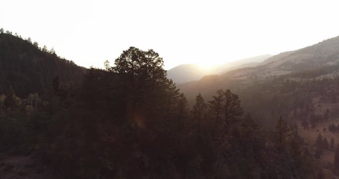Wide aerial, scenic sunset over Montana landscape