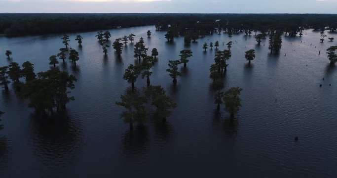 Aerial, sunset over Atchafalya Basin in Louisiana