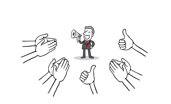 businessman talking megaphone with many Hands clapping ovation and thumps up on white background. applaud hands. isolated vector illustration hand drawn doodle line art cartoon design character.