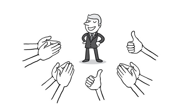 businessman with many Hands clapping ovation and thumps up on white background. applaud hands. isolated vector illustration outline hand drawn doodle line art cartoon design character.