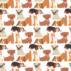 Puppy cute playing dogs characters funny purebred comic happy mammal doggy breed seamless pattern background vector illustration.