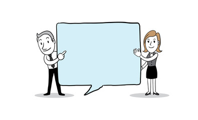 Business people hold big speech bubble. isolated vector illustration outline hand drawn doodle line art cartoon design character.