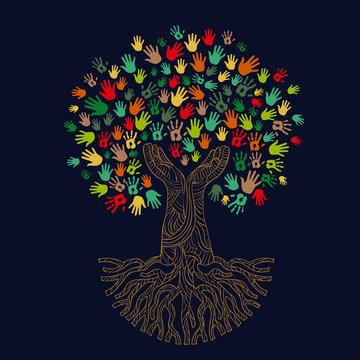 Tree with human hands for social work help