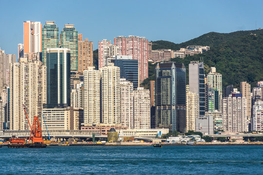 The very highly dense North Point residential district with many tall apartment towers in Hong Kong island by the Victoria harbor in Hong Kong, China